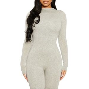 Naked Wardrobe Slim Fit Heather Gray Long-Sleeve Jumpsuit Size S